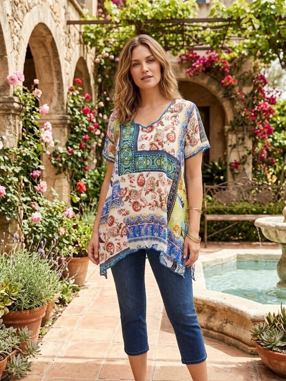 NWT Johnny Was Marron Tunic in Armeria Mixed-Print Lightweight Silk Top S
